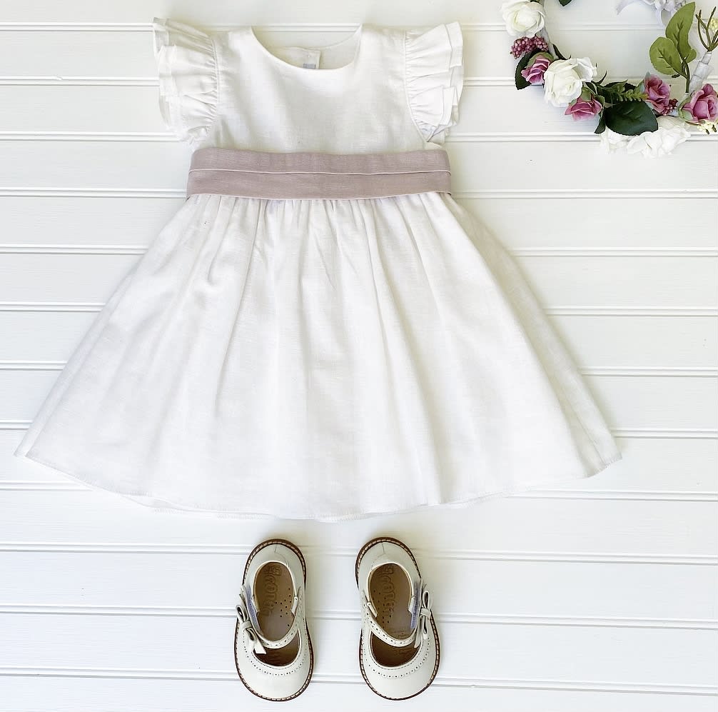 Vestido Lino Crudo Cinto Rosa
