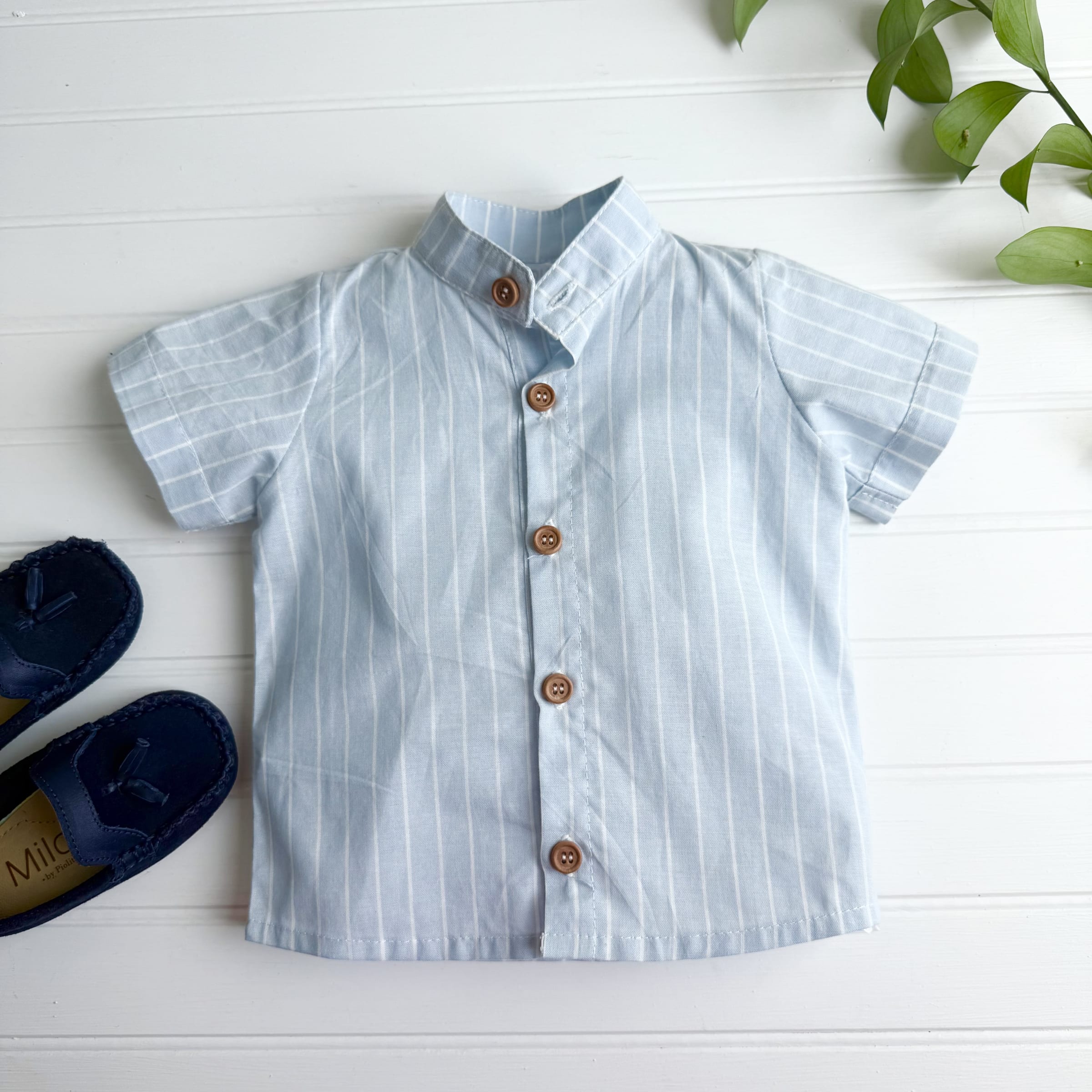 Camisa rallas celeste m/c