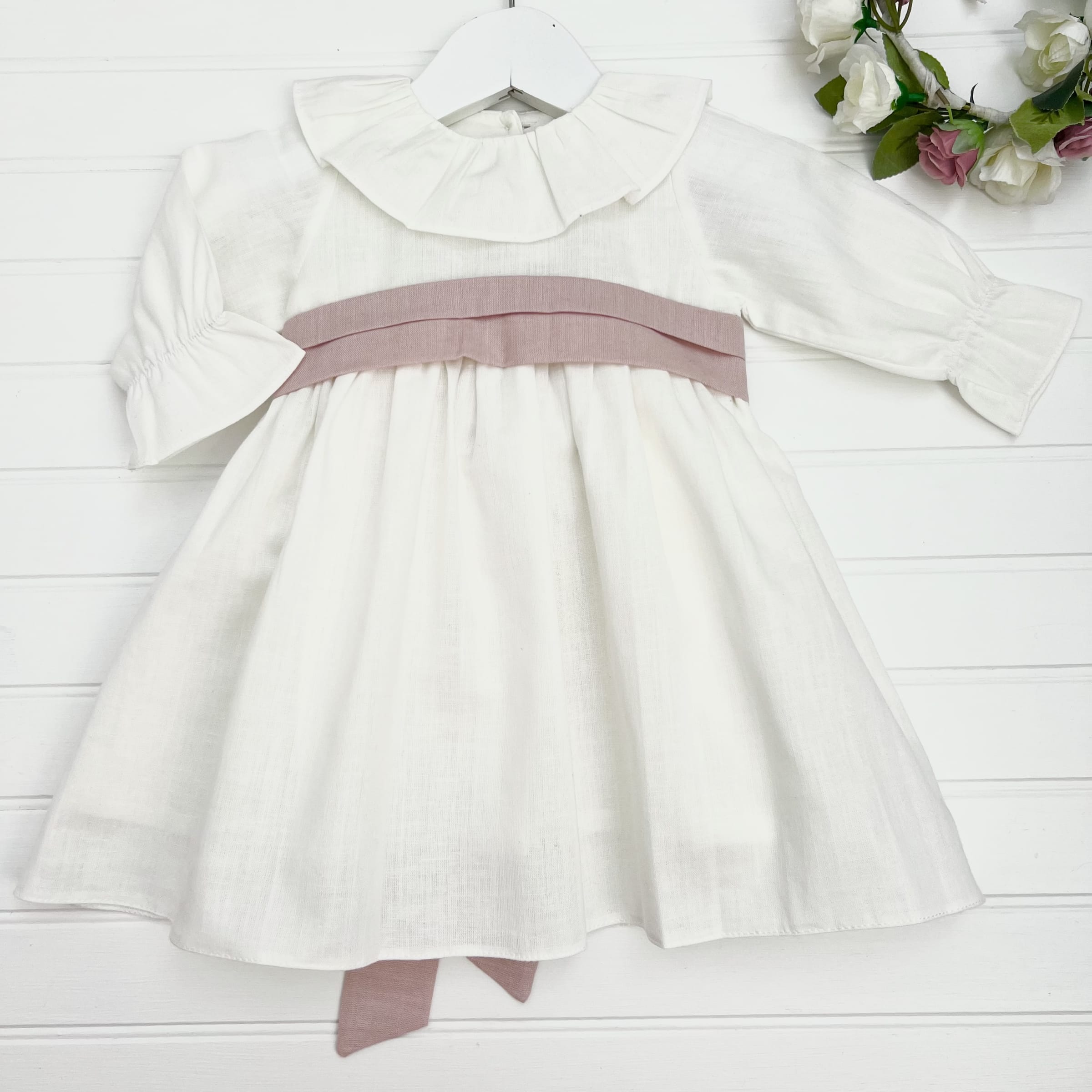 Vestido Lino M/l Cinto Rosa