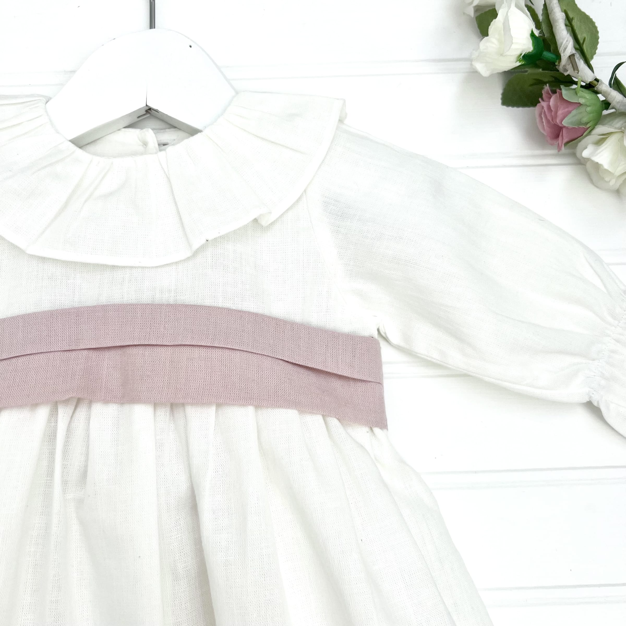 Vestido Lino M/l Cinto Rosa