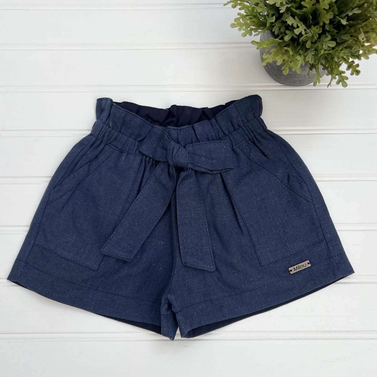 Short niña lazo lino azul