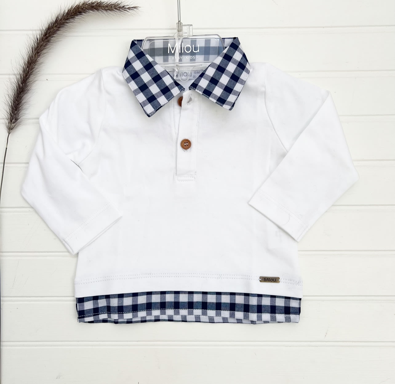 Polera niño pima m/l blanca cuad